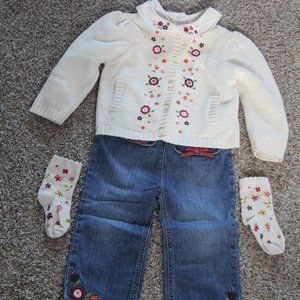 Gymboree Girls (4 Piece) 18-24 Months Fall Flowers Sweater Outfit w/ Jeans -Used